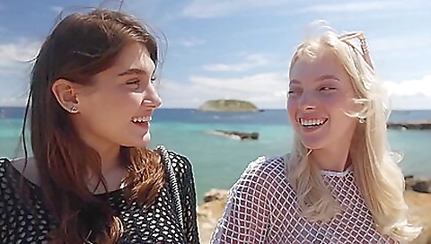 Blonde and brunette share cock